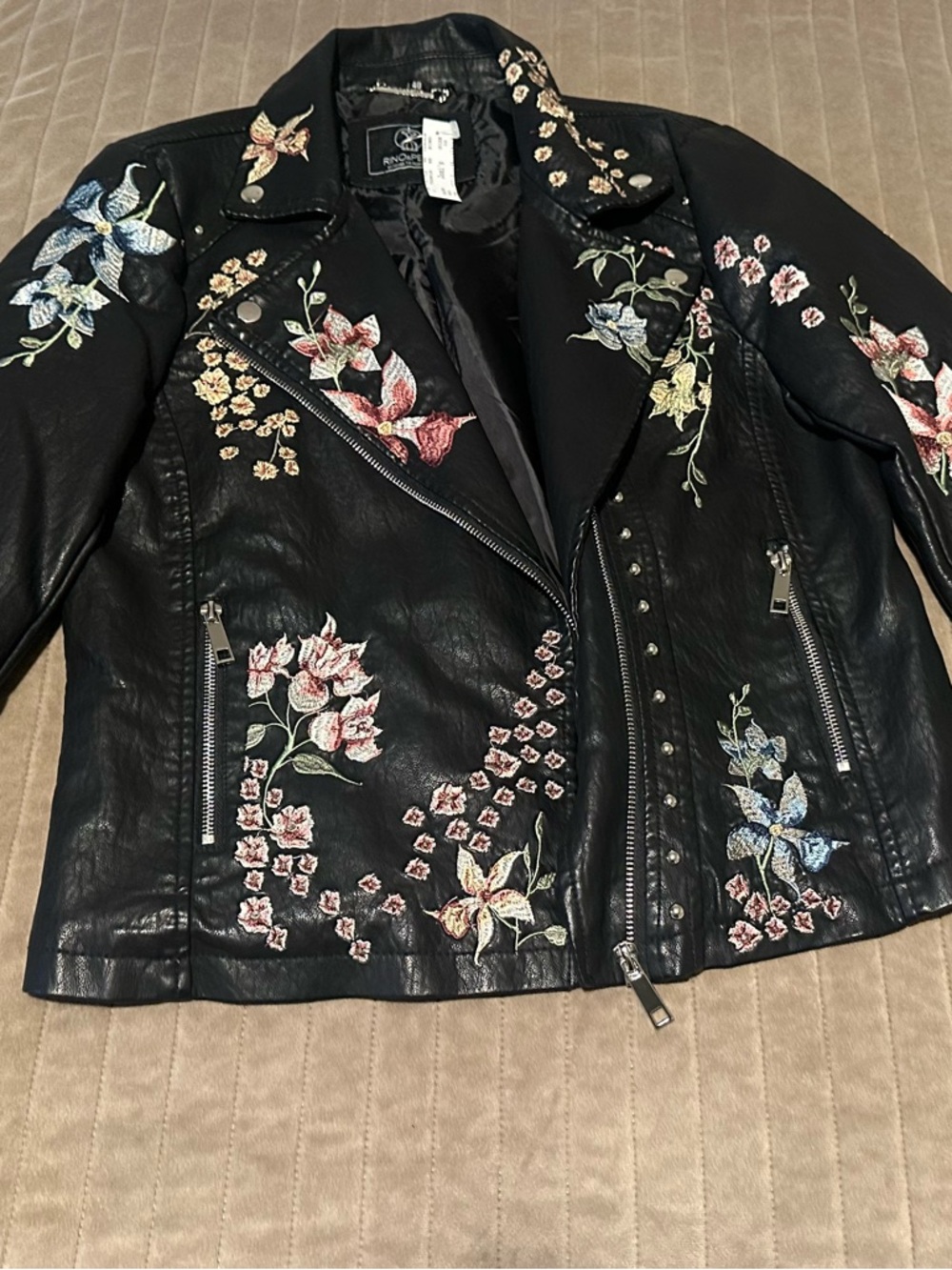 Embroidered Black Floral Leather Moto Jacket